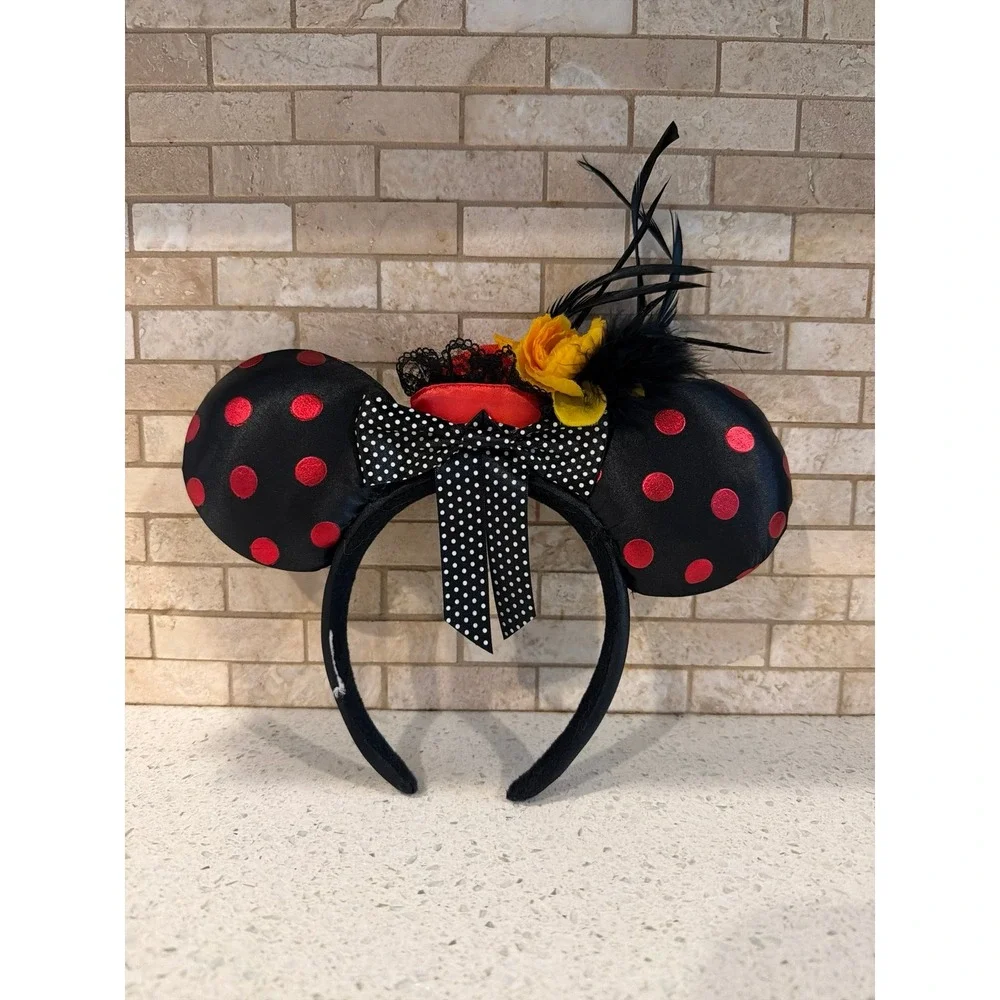 Disney Parks Minnie Mouse Ears  Cameo Silhouette Flower Feathers Polka